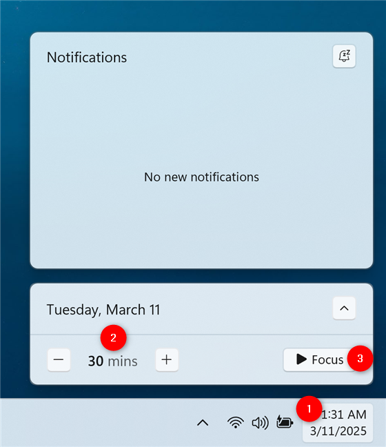 Start a Focus session to enable Do not disturb in Windows 11