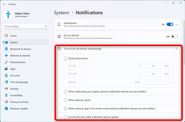 Uncheck everything to make sure Do not disturb stays off